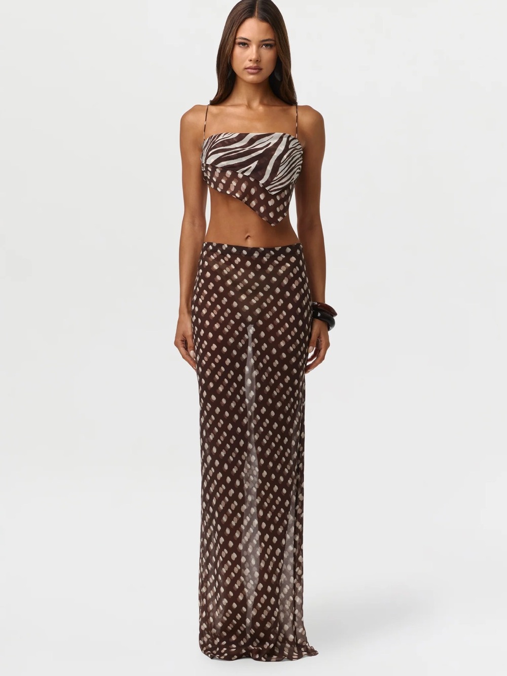 Naked Wardrobe Brown Animal Print Two-Piece Set - Crop Top & Sheer Maxi Skirt